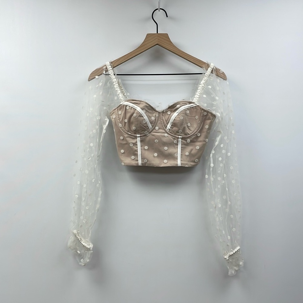 Hello Molly Sunset Polka Dot Mesh Sweetheart Corset Crop Top Preppy Beige 4 - Picture 4 of 12